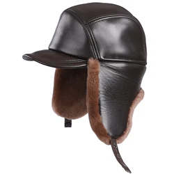 Unisex Shearling Sheepskin Leather Aviator Russian Ushanka Trapper Hat Peaked Winter Fur Cap Earflaps Soft Warm