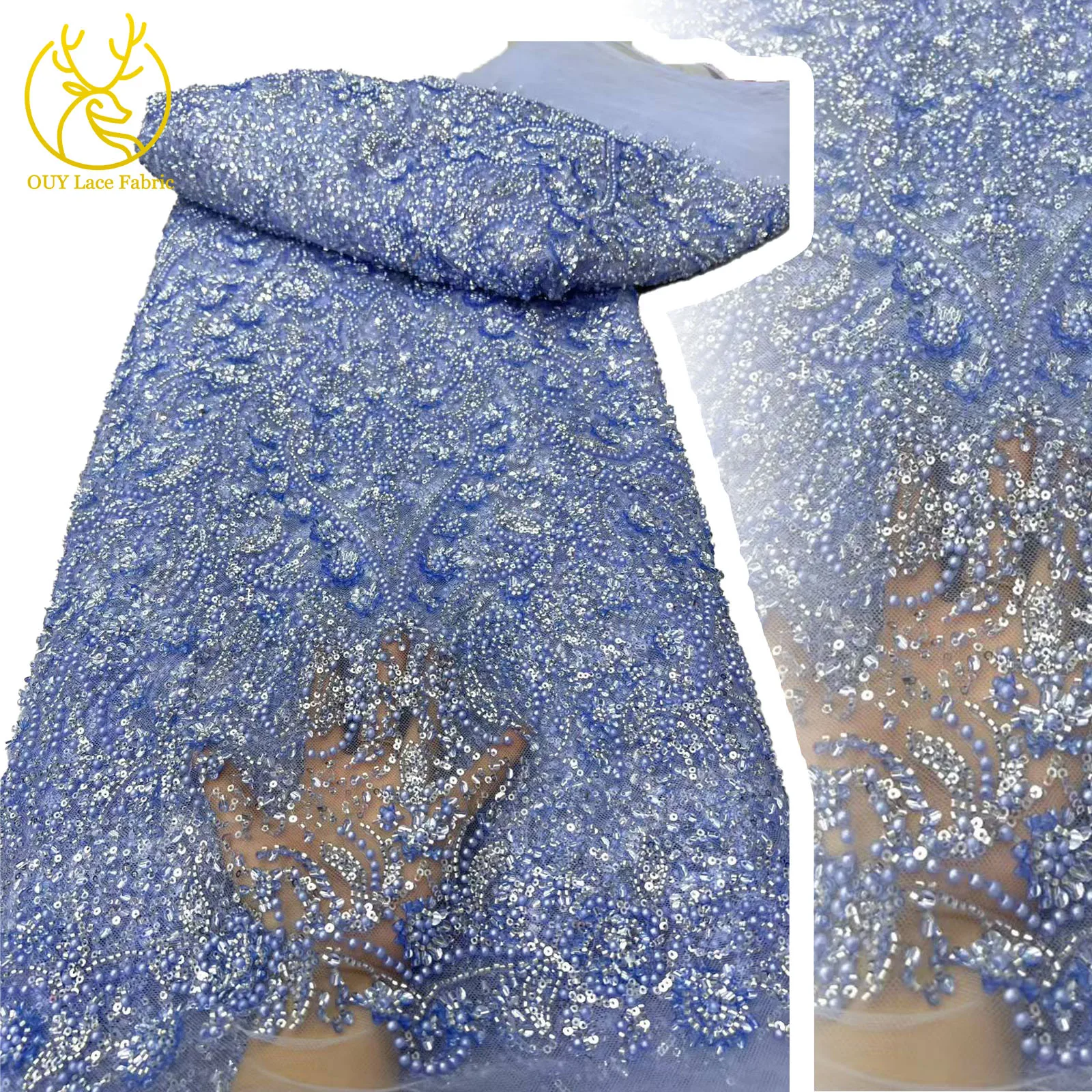 

High Quality Fashion African Sequins Tulle Embroidered Groom Lace Fabric Beaded Sequins Lace Fabric For Nigerian Wedding Dress