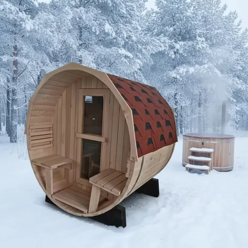 Customized 6 Persons Red Cedar Barrel Sauna Room Outdoor Family Use Wooden Dry Steam Sauna for Backyard Villa