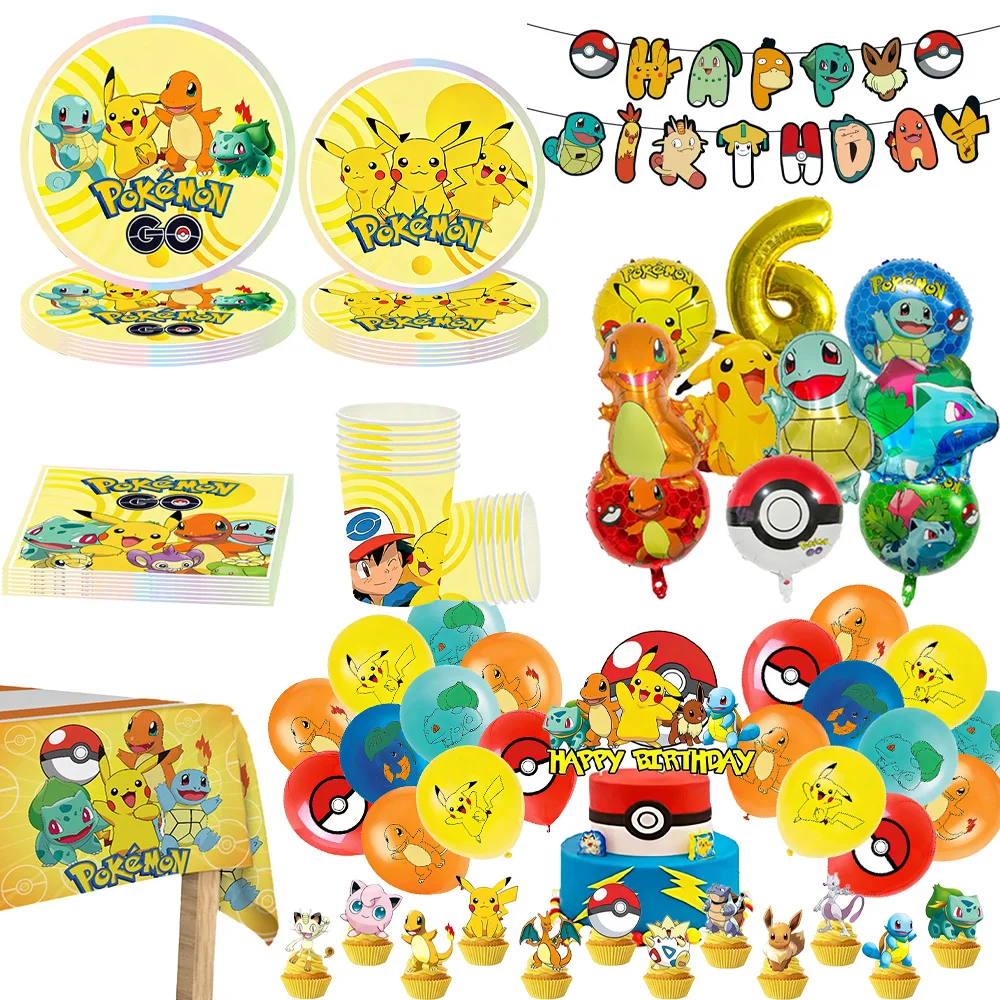 Articles de décoration pour fête d'anniversaire sur le thème Pokémon, ballons Pikachu, vaisselle, gobelets, assiettes, fête d'anniversaire Pokémon pour baby shower