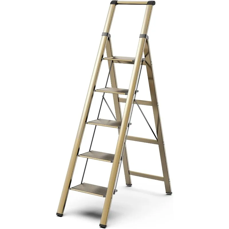 5 Step Ladder for 10 Feet High Ceiling, Lightweight Folding Step Stool with Convenient Handgrip, Stepladders with Anti-Slip