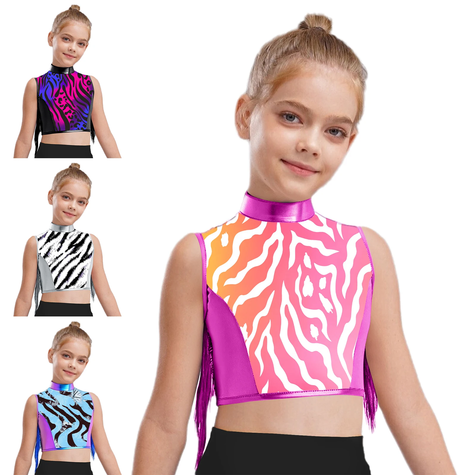 Haut court de danse Jazz Hip-hop pour enfants filles, sans manches, trou de serrure au dos, à rayures zébrées, pour spectacle de fête dansante, spectacle sur scène, 2025