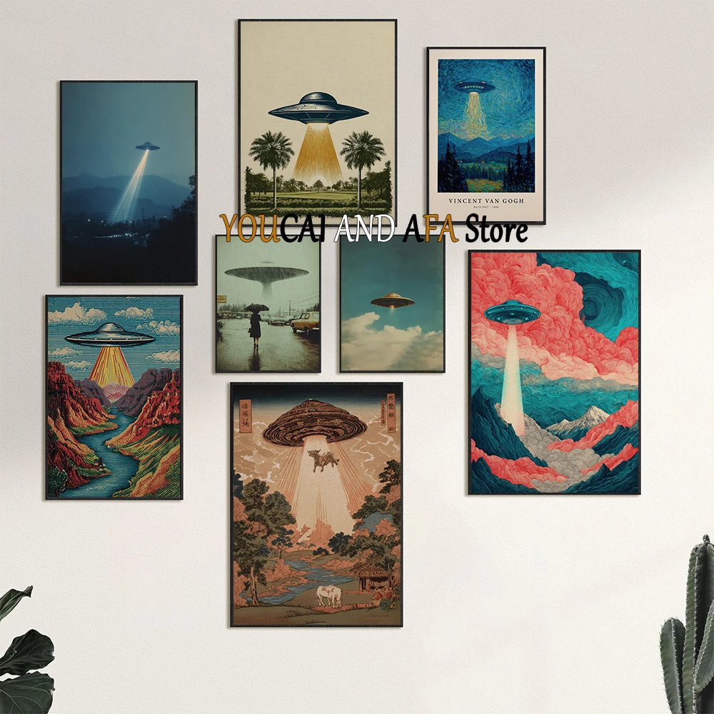 Surreal Cosmic Sci Fi UFO Retro UFO Sky Minimal Alien Spaceship Poster Vintage Sci Fi Canvas Painting Home Decor Wall Pictures