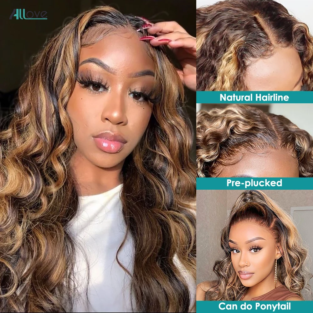 Allove 13x4 13x6 Loose Deep Wave Highlight Wig Human Hair Transparent Lace Front Wigs For Women Brazilian Honey Blonde Wigs