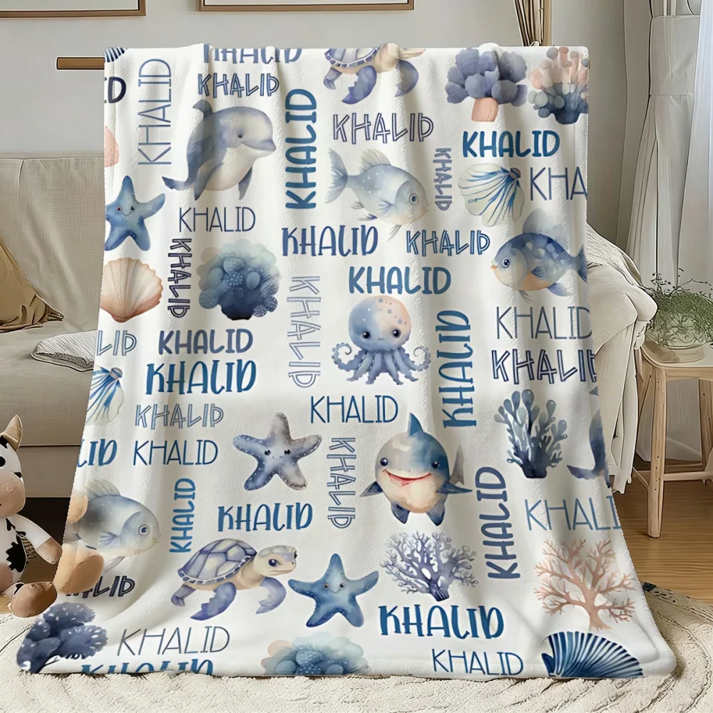 Personalized Custom Name Marine Animal Pattern Flannel Blanket, Soft and Comfortable, Suitable for Office, Home, Unique Present