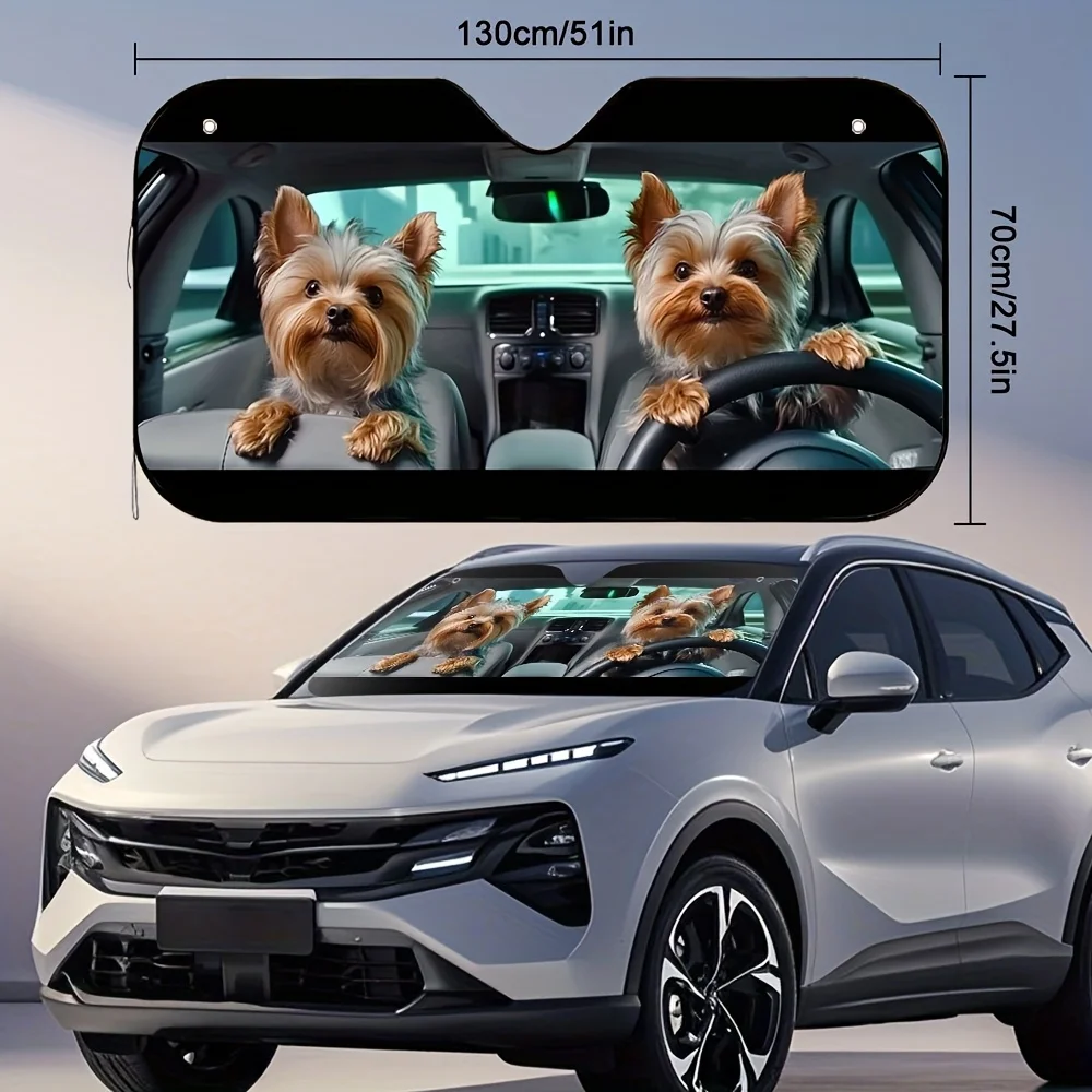 قطعة واحدة من مظلة السيارة المطبوعة على شكل كلب يوركشاير جحر مع 4 أكواب شفط - مظلة أمامية، ظل تبريد قابل للطي للسيارات، يوركشاير تير