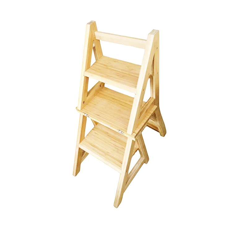 Library Folding Wooden Chair Ladder, Multi-Function 3 in 1 Bookcase Stool, Space-Saving Home Furniture, Solid Wood Step Stool