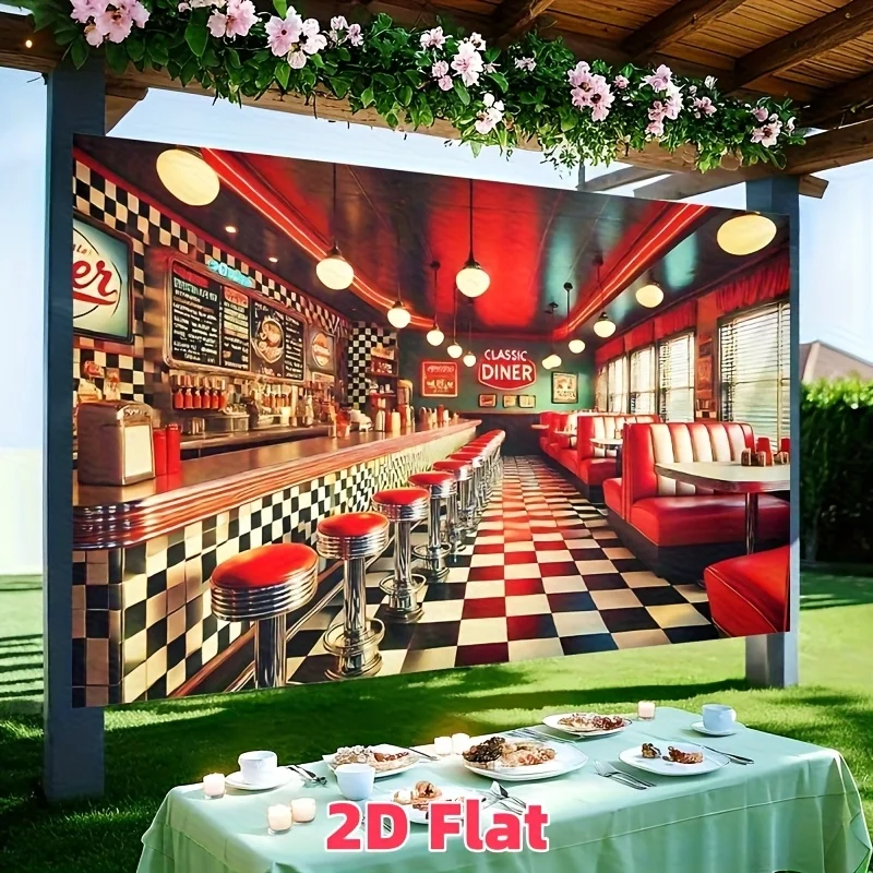 2D-Retro-Wandbild im amerikanischen Restaurant-Stil – Fotohintergrund aus Polyestergewebe im Stil der 1950er Jahre, mit kariertem Boden und Neonlichtern – Detail 5