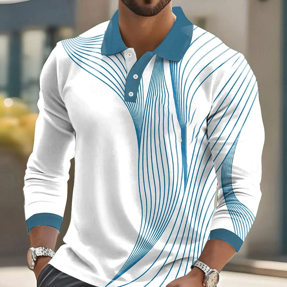 

3D Simple Stripe Print Polo Shirt For Men Outdoor Street Business Casual Long Sleeve Top Autumn Loose Quick Drying Men's Clothes