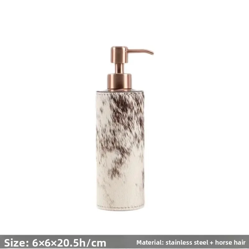 Luxury Cow Print Hair on Leather Soap Dispenser Set with Stainless Steel Pump, Modern Bathroom Accessory for Hotel High-End