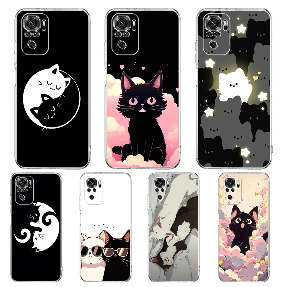 Transparent Phone Case for Redmi 13C 12C 10C Note 13 12 11 11T K40 Gaming Plus Pro 4G 5G Soft TPU Shell Cartoon Black Cat Couple