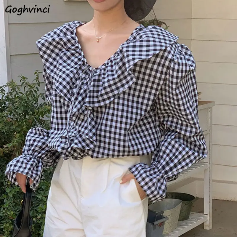 

Vintage Ruffles Blouses for Women Puff Sleeve Korean Style Feminine Stylish Loose All-match Graceful Plaid Sweet Chic Leisure