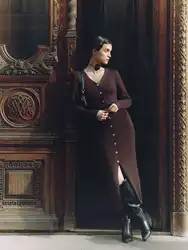 Cryptographic Fall Winter Knitted Button Sweaters Midi Dress Elegant Outfits Long Sleeve Split Bodycon Cardigan Dresses Clothes