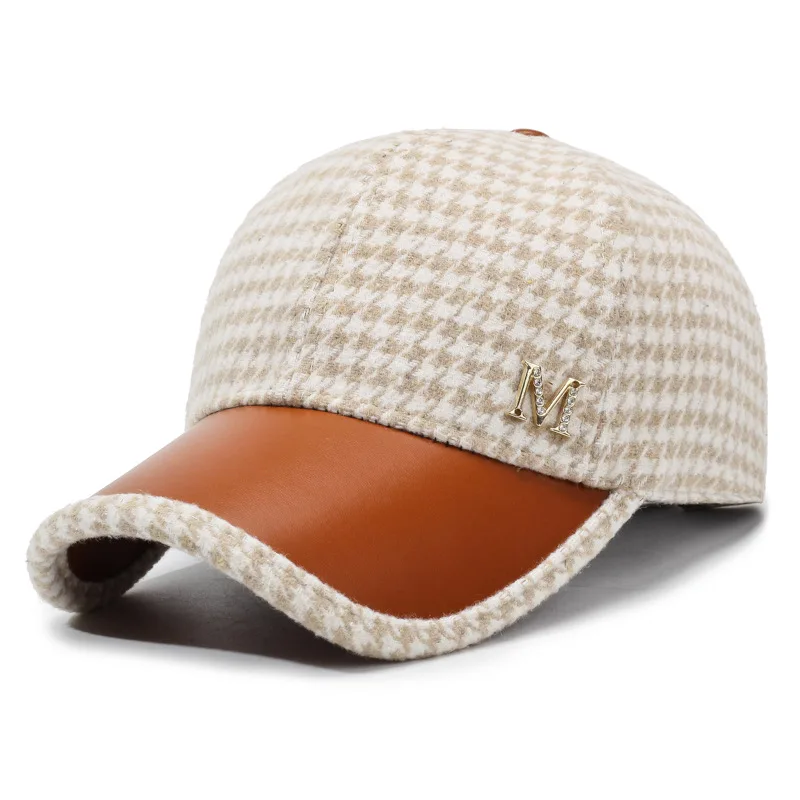 Herbst und Winter im neuen Stil mit Hahnentrittmuster aus Wollmischung, vielseitige modische Baumwollmütze für Damen – Detail 4