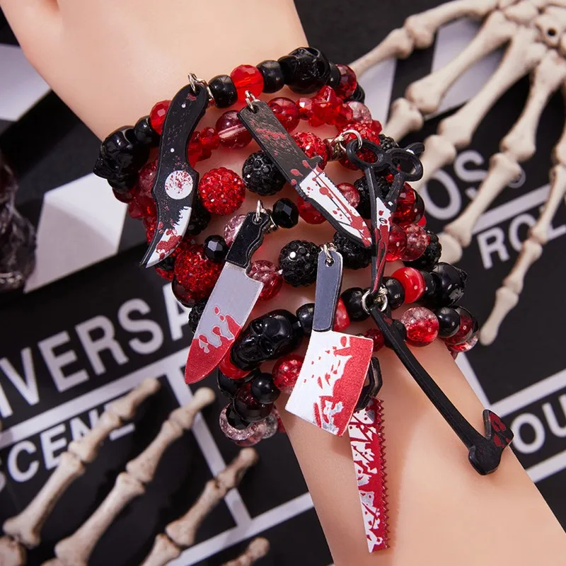 Dark Halloween Horror Bracelet Scream Axe Chainsaw Beaded Hand Chain Gothic Retro Gift for Women Men