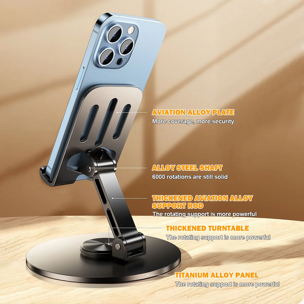 ユニバーサル携帯電話ホルダー,360度回転,すべて金属,アルミニウム,折りたたみ式,ダブルシャフト設計,安定,落下防止