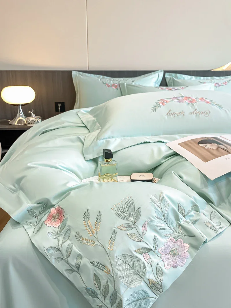 4Pcs Light Luxury Fresh 100% Cotton 180 Count Long Styl Cotton Embroidered Bedding Duvet Cover 200x230 220x240 Four Seasons