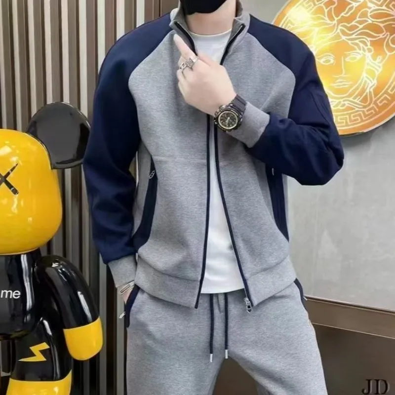 Men Color Block Two Piece Tracksuit Zip Up Jacket Jogger Pants Casual Sports Outfit For Autumn