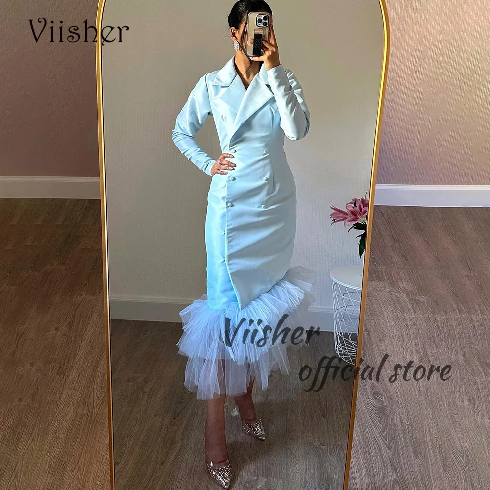 

Viisher Sky Blue Mermaid Evening Dresses Long Sleeve V Neck Tight Formal Prom Dress Tea Length Arabic Dubai Evening Party Gown