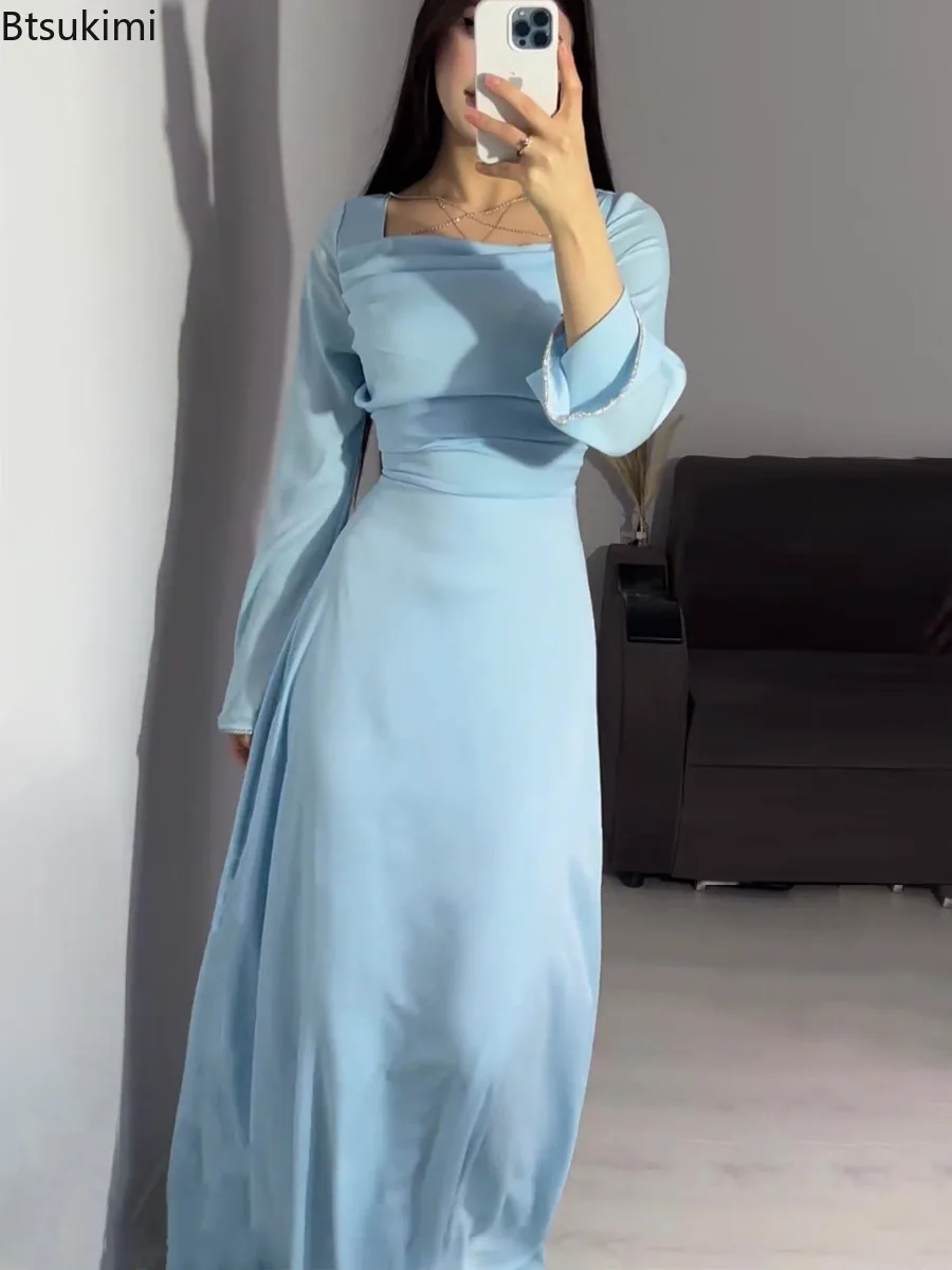 エレガントなイスラム教徒の女性のドレス長袖サテンダイヤモンドがちりばめられたアバヤドバイアラビアパーティードレストルコイスラム服 Vestidos