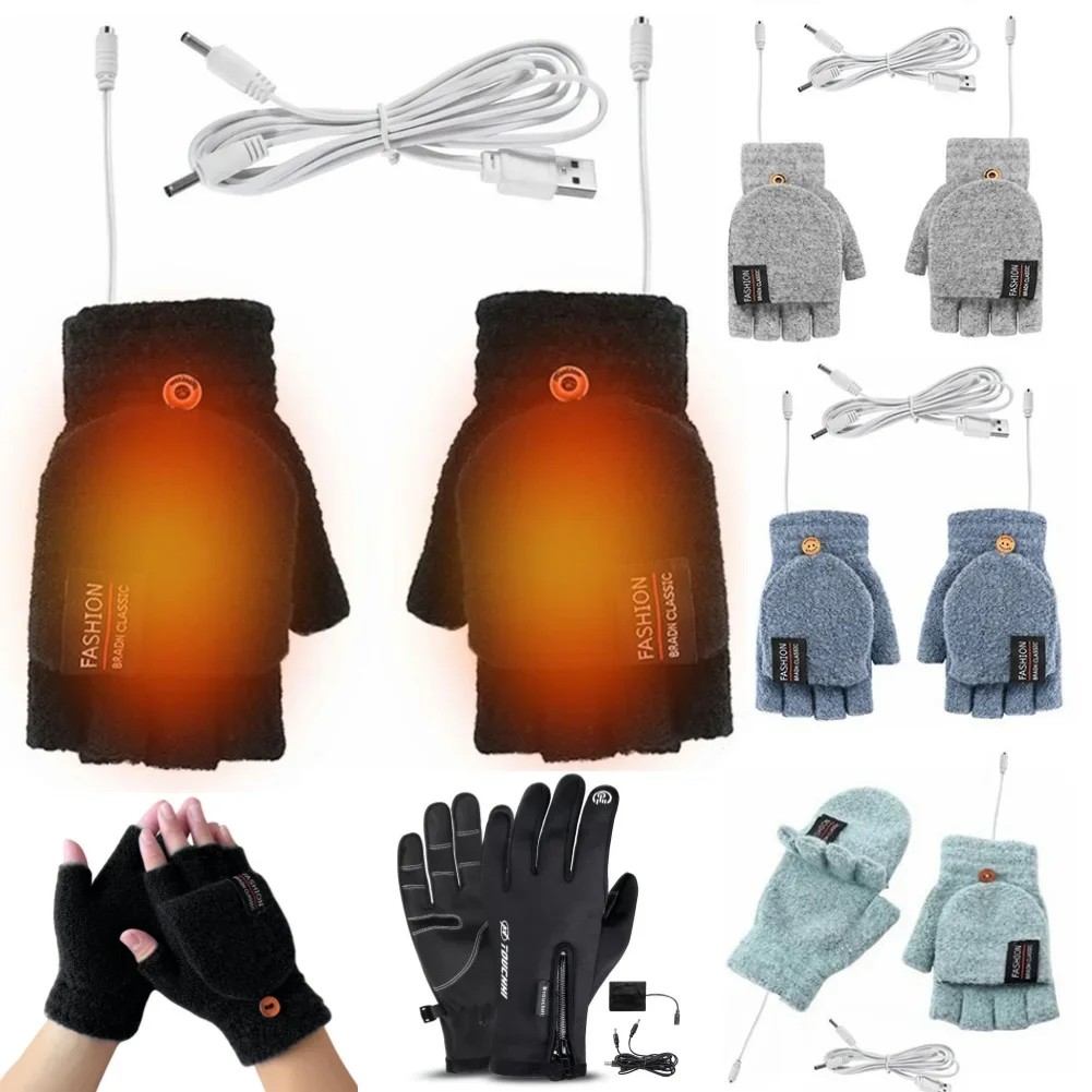 USB Heating Gloves Double-Sided Heating Gloves Washable Rechargable MittensThermal Fingerless Hand Warmer Outdoor Gloves