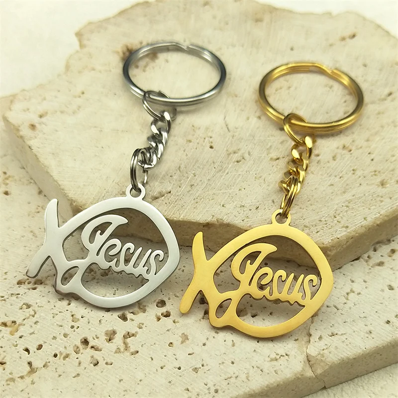 Stainless Steel Ichthy Jesus Fish Keychain for Women Men Gold Color Religious Backpack Pendant Key Ring Jewelry K1268S02