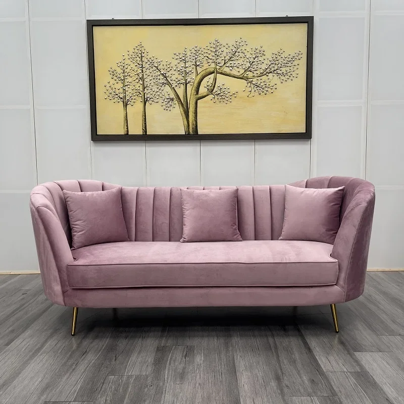 American Modern Wedding Pink Velvet Sofa with gold stainless steel leg for living room banquet  leisure chaise longue