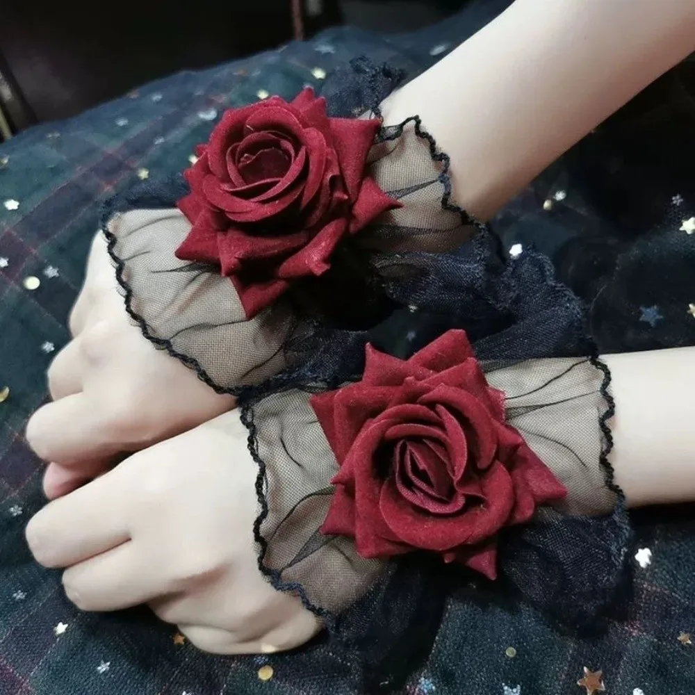 New Red Rose Lace Wristbands Ruffled Lolita Flower Wrist Cuffs Elastic Band Black Gothic Cosplay Bracelets Wrist Accessories