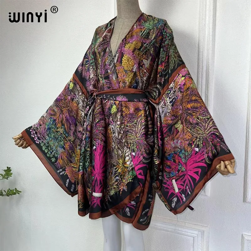 WINYI Kimono Africa summer print dress Summer beach wear women Cardigan Holiday long Sleeve silk feeling beach outfits for women