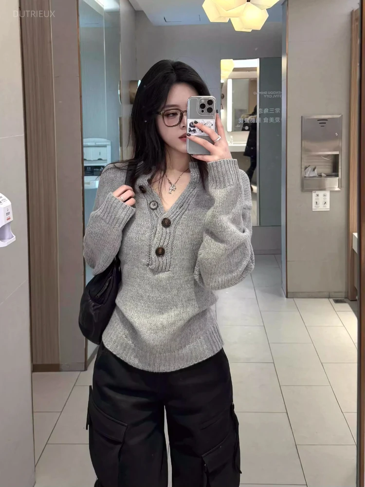 New Korean All Match Streetwear Pullover Harajuku Autumn Buttons V Neck Long Sleeve Women Sweater Y2k Punk Lazy Clothes