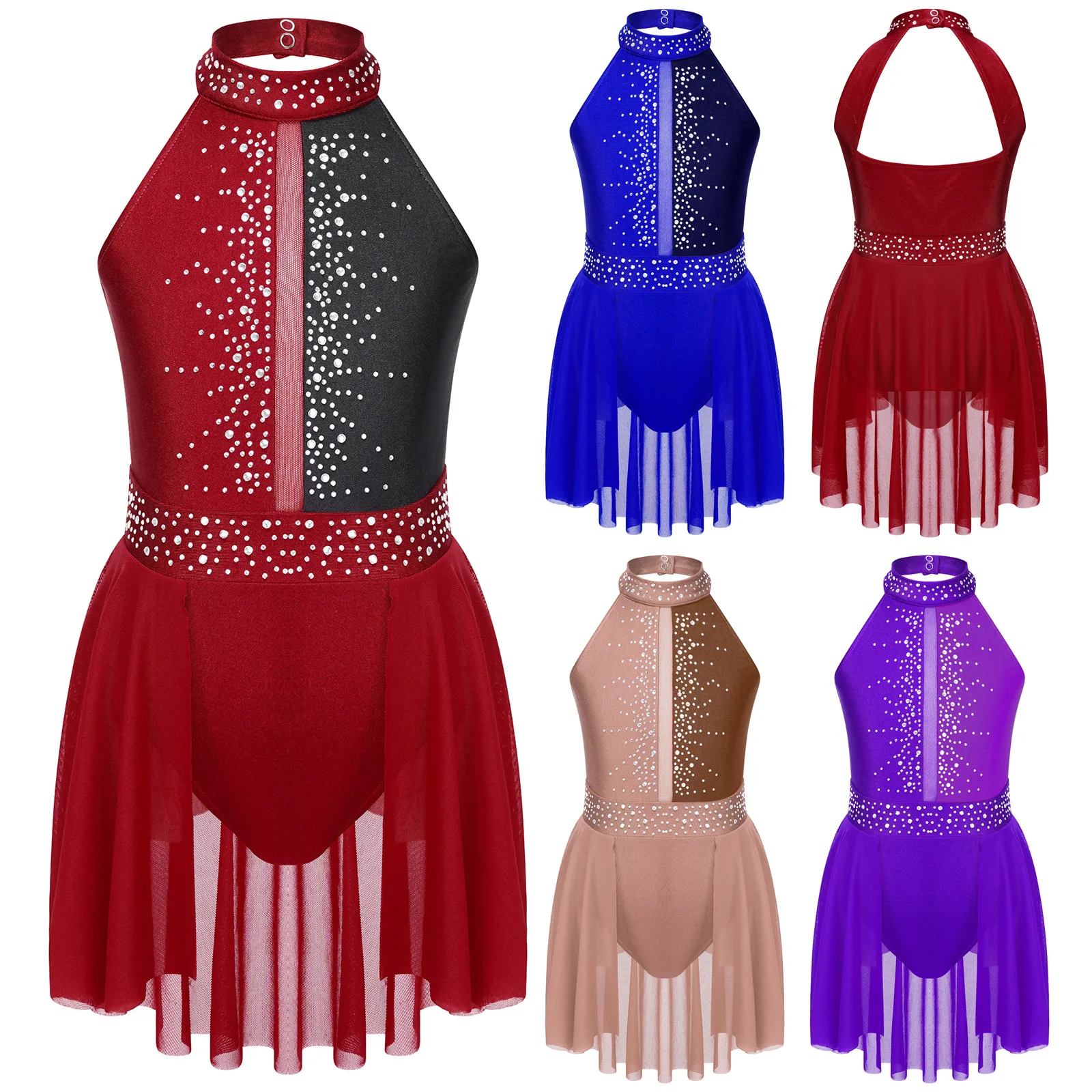 Çocuklar kızlar bale Leotard Tutu dans elbise kolsuz Rhinestone lirik dans elbise balerin jimnastik Leotard sahne kostüm