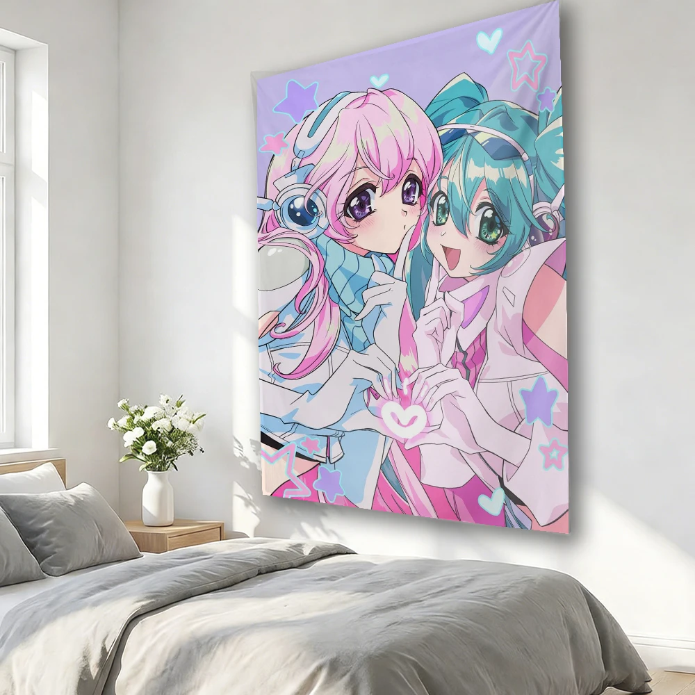 Kawaii Anime Girls Tapestry, Pink Blue Y2K Aesthetic Wall Hanging, Cute Star Heart Background Cloth for Bedroom Dorm Decor
