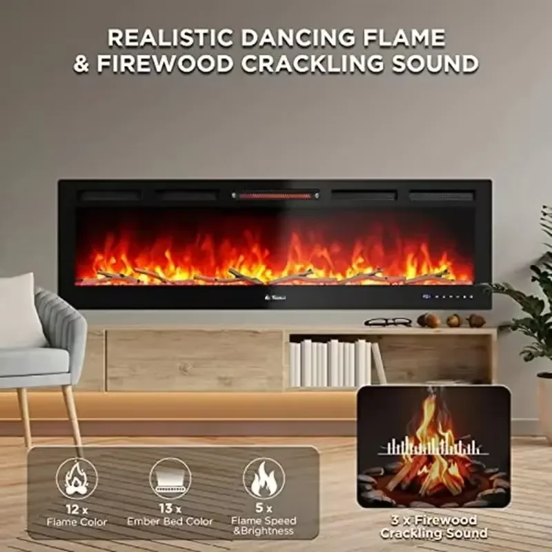Factory 60 inch Smart WiFi Electric Fireplace with Realistic Flame and 1500W Quartz Heater for Recessed or Wall Mounted