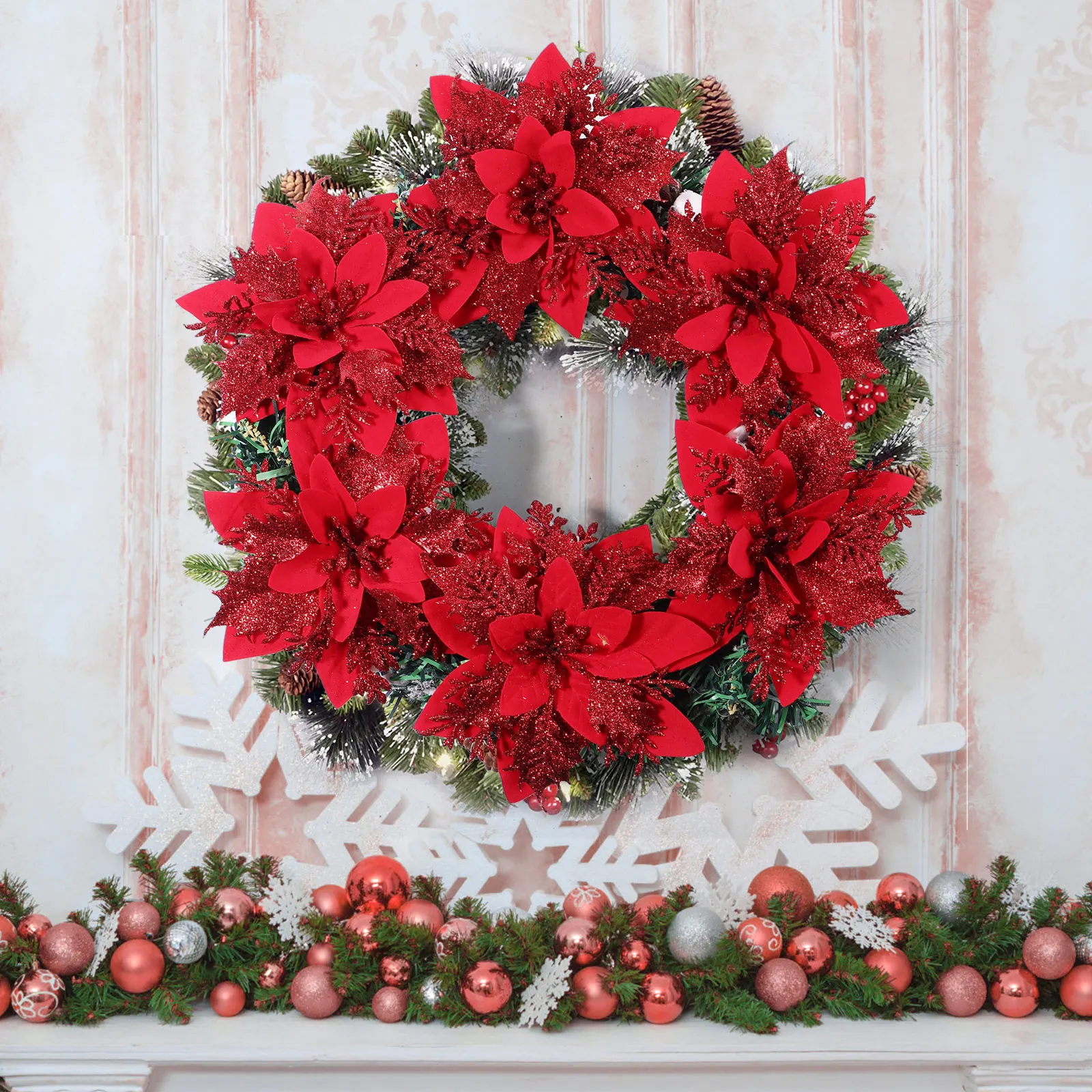 

Red Poinsettia Glitter Flowers Christmas Decoration Toy Clip Ornaments Wedding Xmas Garland Tree Home Office Hotel Restaurant