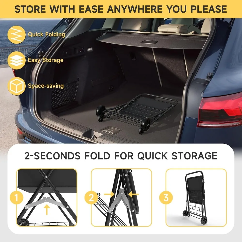 عربة تسوق قابلة للطي بطبقتين مع عجلات، عربة بقالة مقاومة للماء للغسيل والنقل، سعة 150 رطل