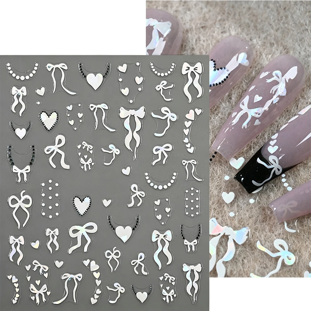 1PC Red Heart Nail Stickers Holographic Iridescent Bow White French Half Moon Nail Decals for Beauty Nail Art