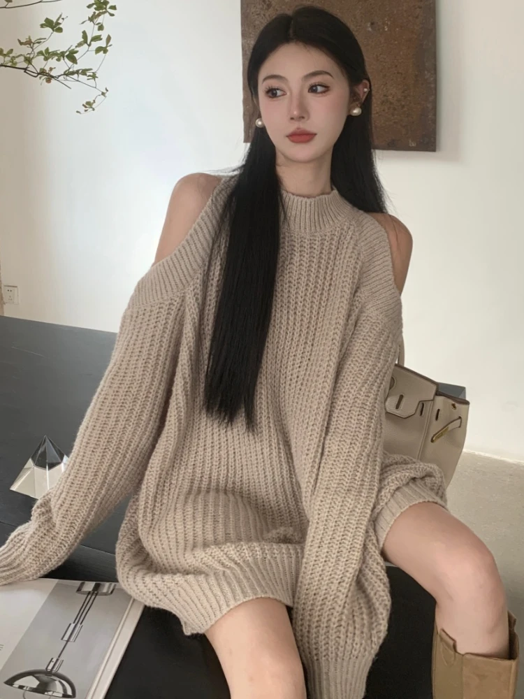 Knitting Mini Dress Women Hollow Out Vintage Baggy Autumn Off The Shoulder Casual All-match Streetwear Sexy Korean Fashion Mujer