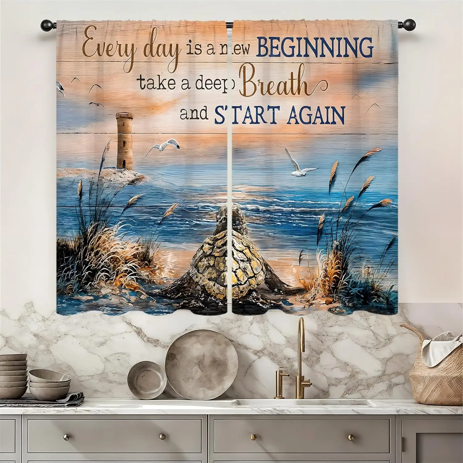Inspirational Lighthouse Curtains Ocean Sunrise Print for Living Room Window Decor