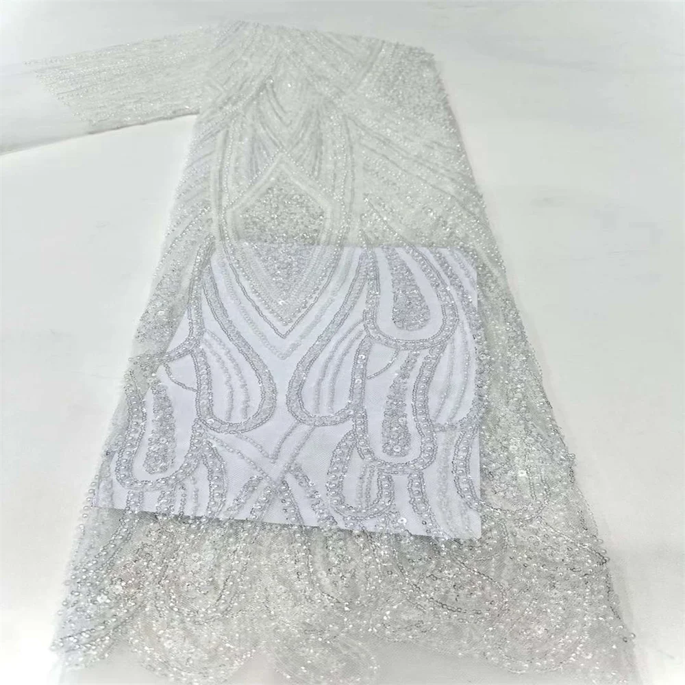 

African Nigerian New Lace Fabric 2024 High Quality French With Sequins Beads Bride Party Wedding Embroiderg Sewing Dress