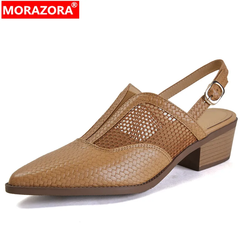 MORAZORA 2024 New Ladies Pointed Toe Buckle Shoes Classics Sheepskin Leather Back Strap Sandals Square Med Heels Women's Sandals