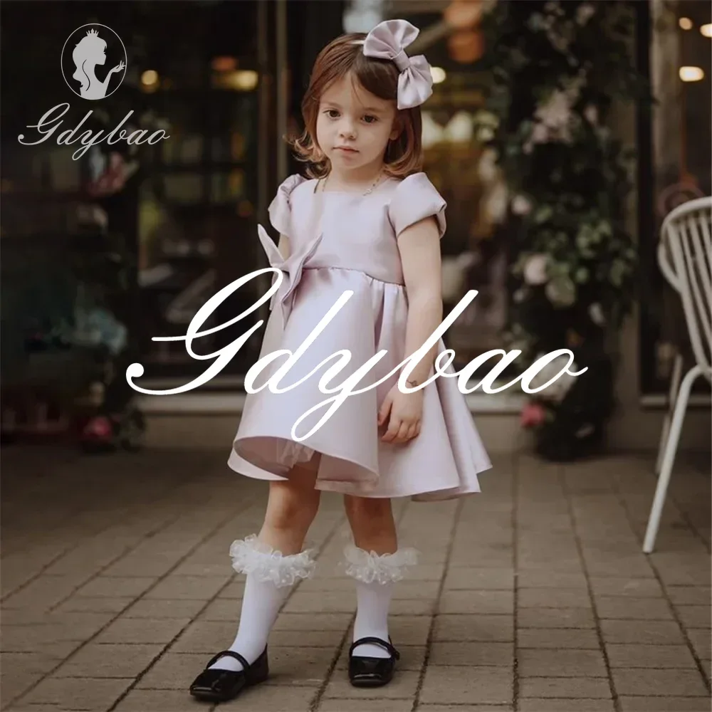 Bow Simple Classic Style Square Neck Short Sleeve A Line Wedding Party Flower Girl Dress Knee Length Formal First Communion Gown