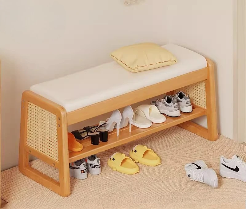 Solid wood shoe changing stool entry shoe cabinet door integrated soft bag simple rattan shoe changing stool strip