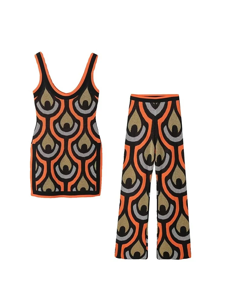 

Women's Sexy High Slit Mini Dress + Knitted Wide Leg Pants Two Piece Sleeveless Printed Set Street Fashion Casual Set