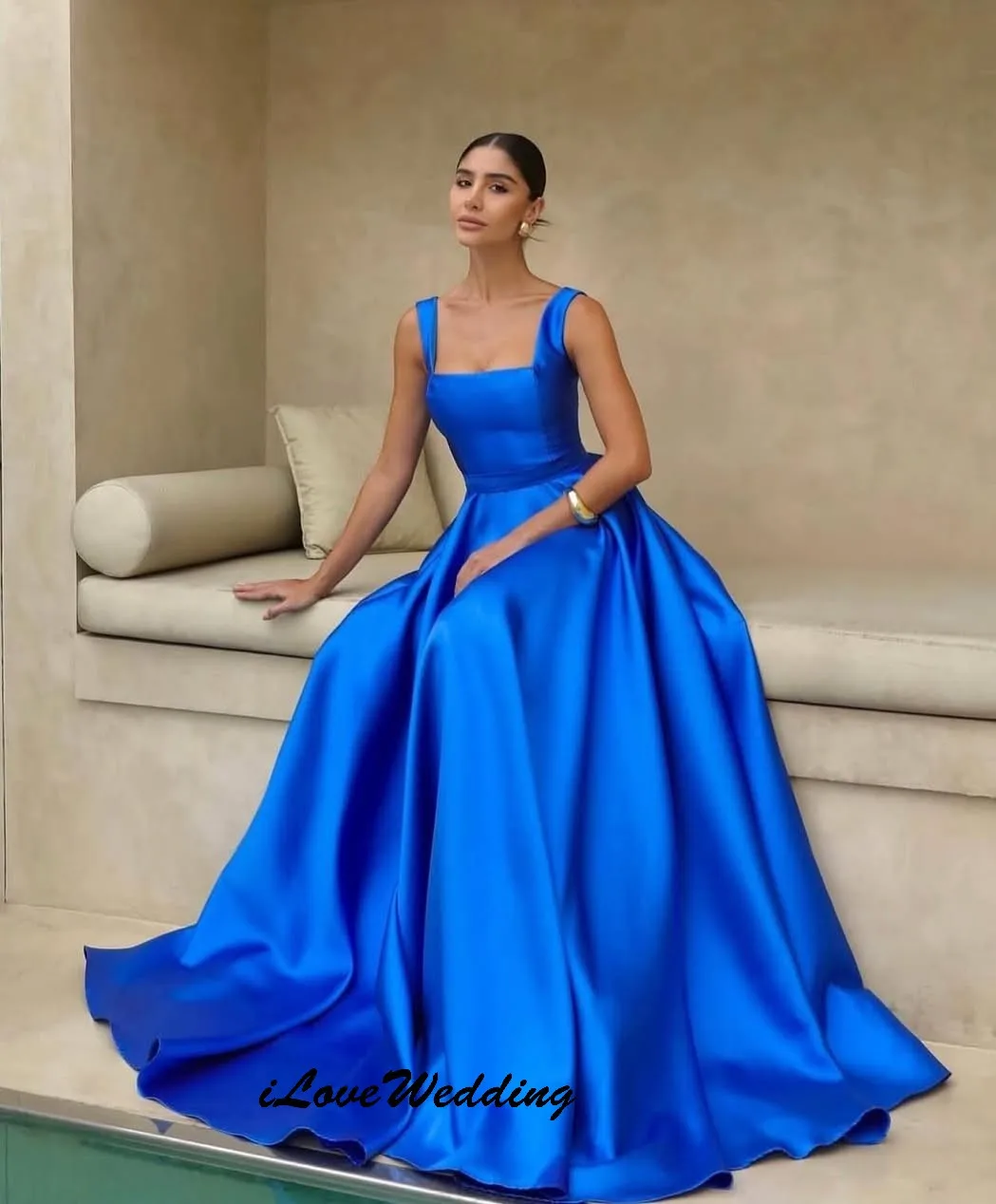 

Elegant A-Line Blue Prom Dresses 2025 Satin Woman Party Dress Formal Evening Dress Square-Neck Ruched Bow Gala Customized