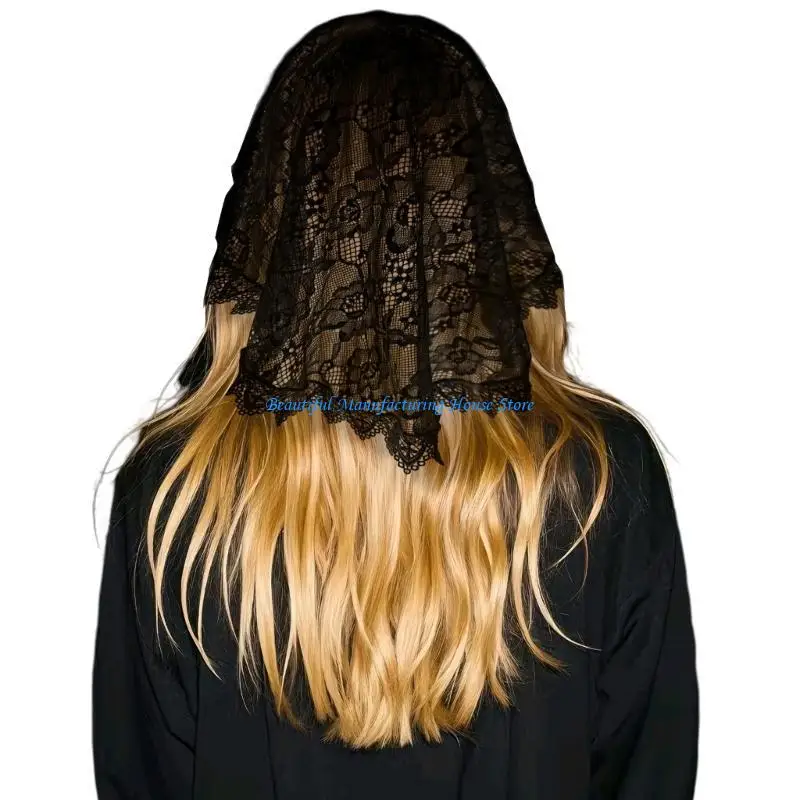 E56A Bridal Lace Mantilla Bride Tulle Headscarf Face Cover Veil Bachelorette Party