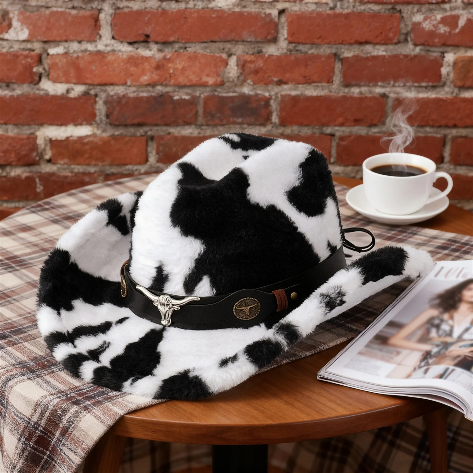 Chapéu de cowboy unissex elegante de pele sintética com design de cabeça de touro e aba larga perfeito para festas e eventos de inverno