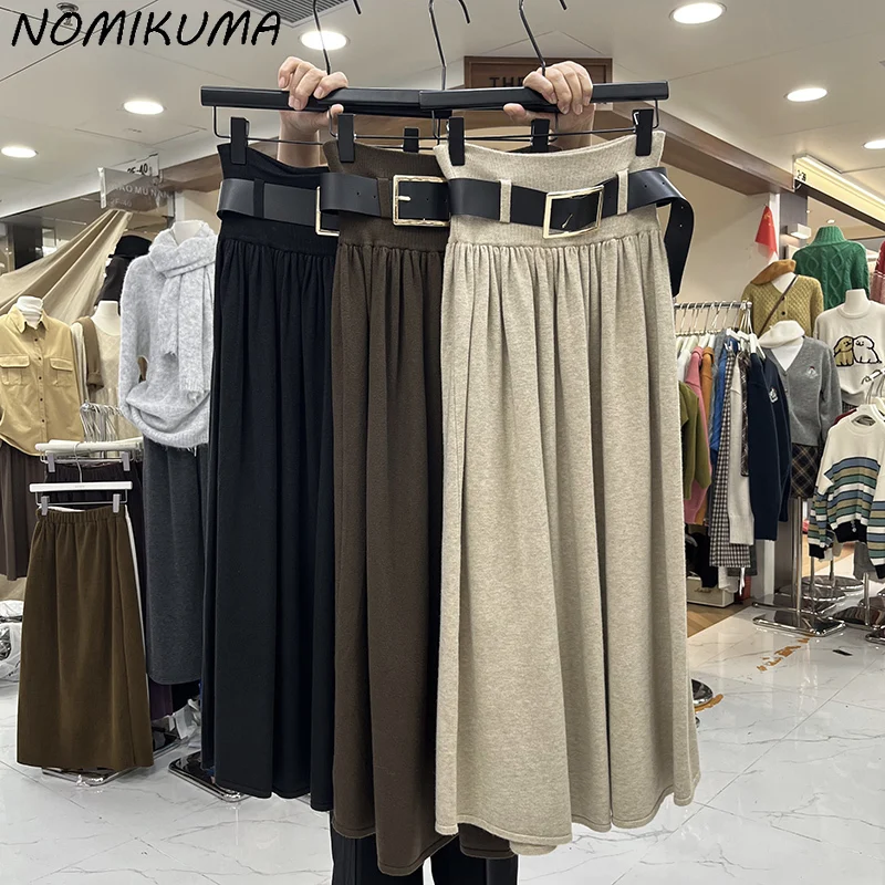 

Nomikuma Women 2023 Autumn Winter Sweater Skirts Elegant High Waisted Causal A-line Knitted Long Skirt with Belt Faldas De Mujer