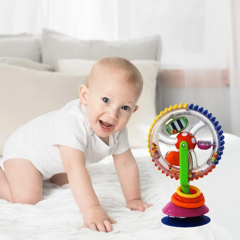 Baby Tummy Time Toy Rainbow Suction Cup Rattle Crib Toy Sky Wheel with Colorful Beads Interactive Rotary Toy for Infant