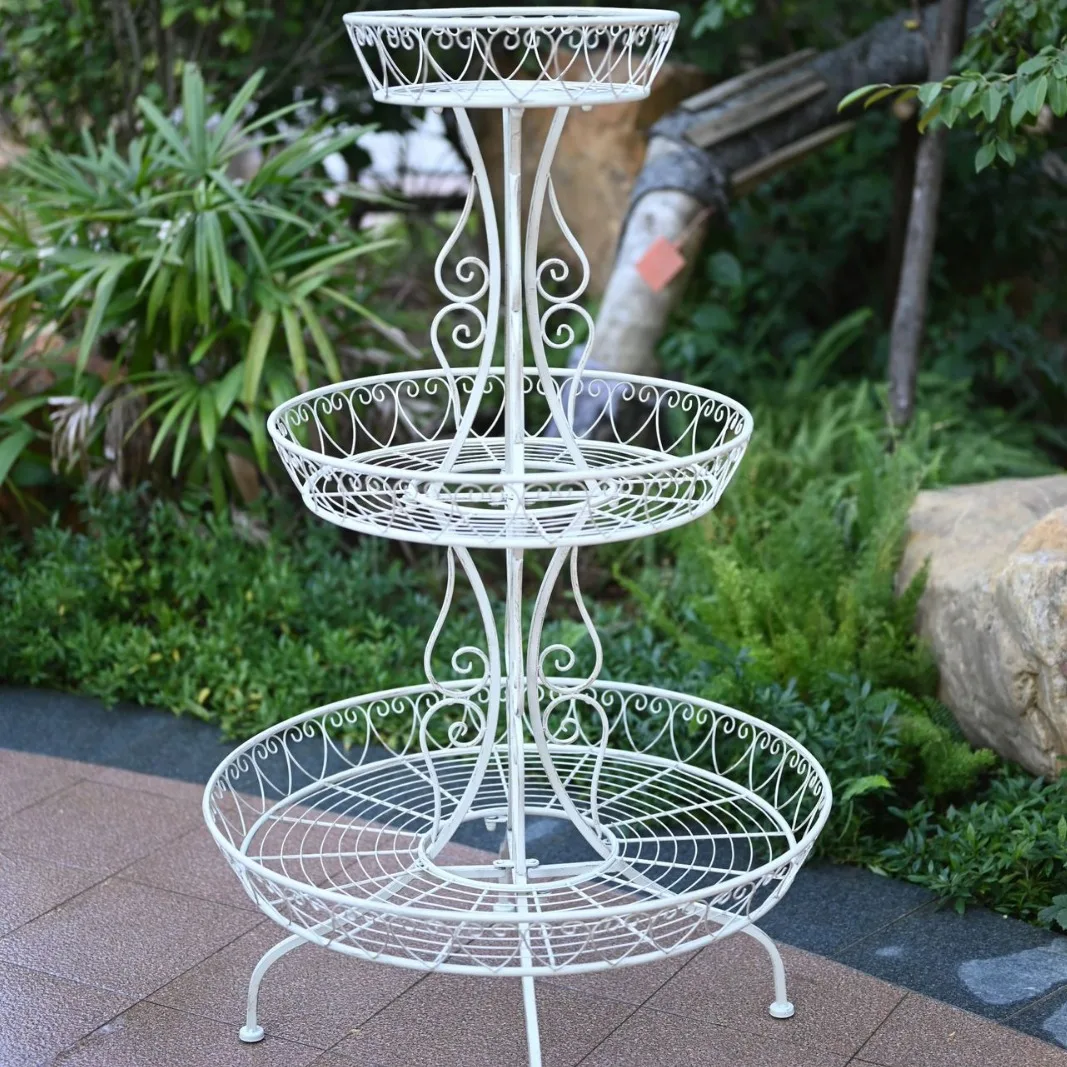 132cm Height Rural Vintage Wrought Iron 3-Tiered Round Tray Garden Plant Pot Shelves Outdoor Props Green White