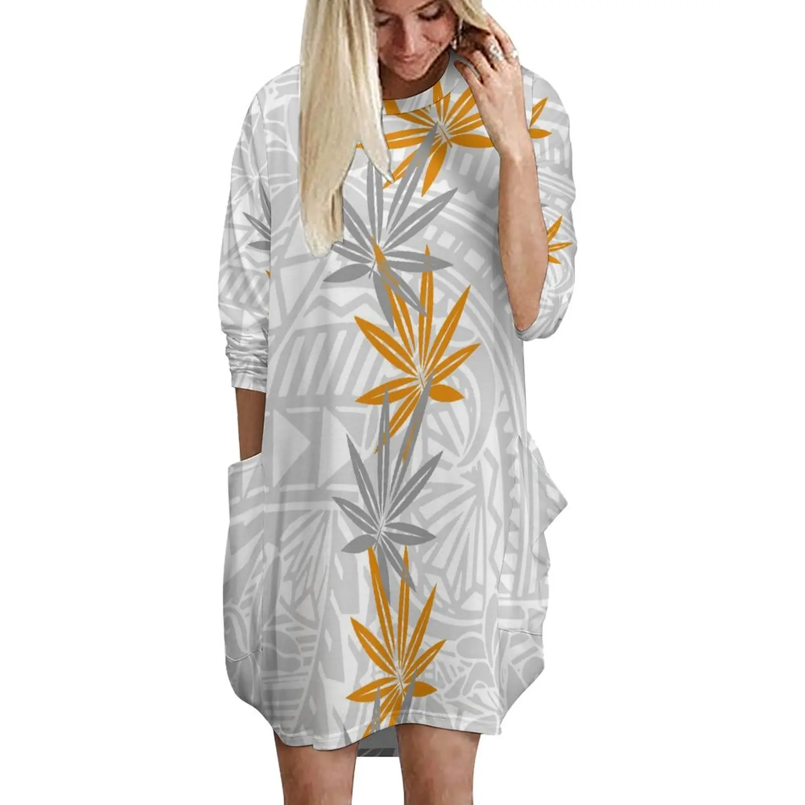 Cozy Breathable O-Neck White Sunday Dress Polynesian Custom Logo Dress Pacific Island Art Polyester 5XL Long Sleeve Gowns 1 MOQ